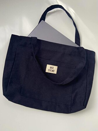 Lacivert astarlı, cepli, günlük kullanıma uygun, bez, kumaş çanta, kol ve omuz çantası