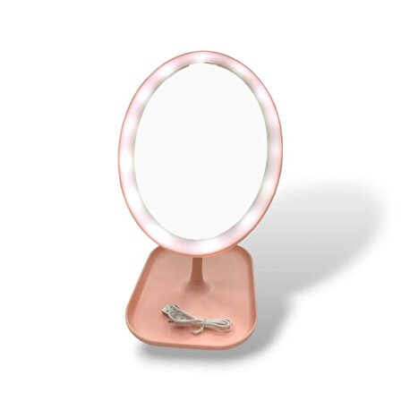 Ledli Oval Şarjlı Makyaj Aynası Pembe