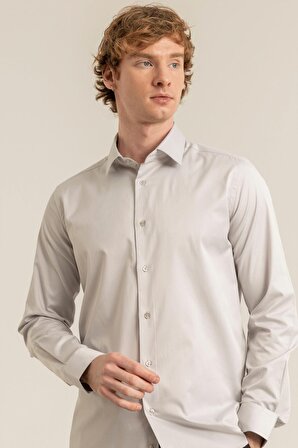 Erkek Açık Gri Rengi Pamuk Saten Kolay Ütülenebilir Casual Cepsiz Modern Fit Gömlek