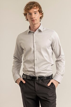 Erkek Açık Gri Rengi Pamuk Saten Kolay Ütülenebilir Casual Cepsiz Modern Fit Gömlek