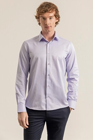 Erkek Lila Pamuk Saten Kolay Ütülenebilir Casual Cepsiz Modern Fit Gömlek