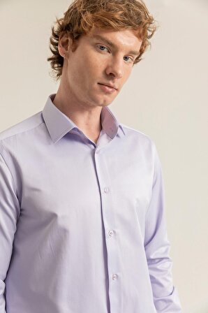 Erkek Lila Pamuk Saten Kolay Ütülenebilir Casual Cepsiz Modern Fit Gömlek