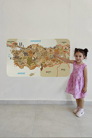 Eğitici ve Öğretici Detaylı Dekoratif Komşulu Türkiye Haritası Duvar Sticker 3847- XL 130 x 85 cm