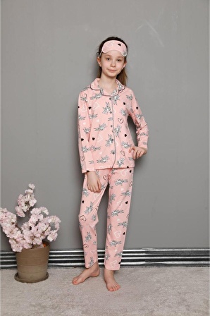 Kız Çocuk Uzun Kulak Tavşan Bunny Desen Pembe Renk Düğmeli Pijama Takımı