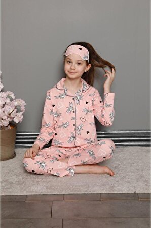 Kız Çocuk Uzun Kulak Tavşan Bunny Desen Pembe Renk Düğmeli Pijama Takımı