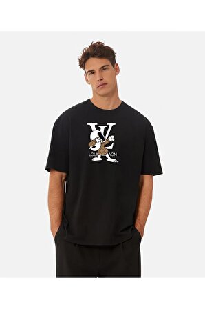 Louis Vuitton Baskılı Yüksek Kaliteli Oversize Siyah T-shirt