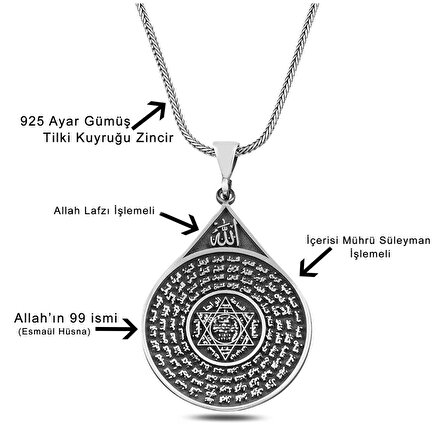 Esma-ül Hüsna Mührü Süleyman 60 cm 925 Gümüş Kolye