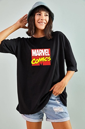 Pamuk Marvel Tasarımlı Unisex Siyah T-shirt