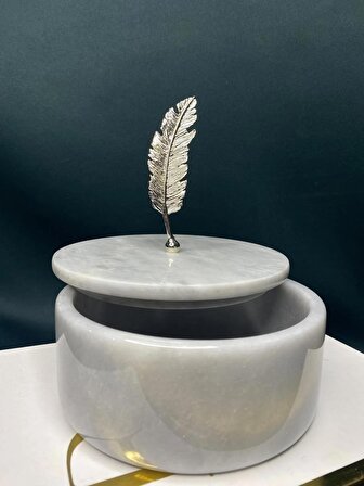 mermer kase & takı kutusu gümüş uzun yaprak figürlü