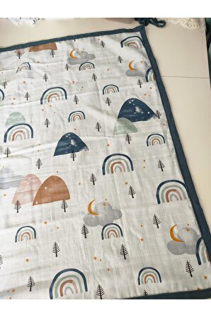 Anne Yanı Bebek Battaniyesi, Pike & Müslin, %100 Pamuklu, Denim Rainbow Desenli, 70 X 100 Cm