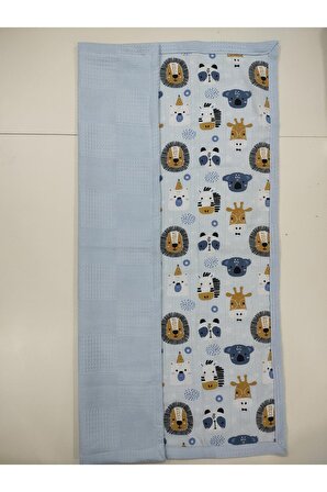 Anne Yanı Bebek Battaniyesi, Pike & Müslin, %100 Pamuklu, Mavi Ayılı Aslan, Mavi, 70 x 100 cm