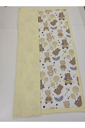 Anne Yanı Bebek Battaniyesi, Pike & Müslin, %100 Pamuklu, Gökkuşaklı Ayılar Bej, Sarı, 70 x 100 cm