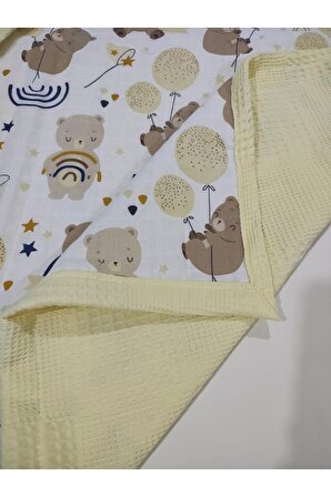 Anne Yanı Bebek Battaniyesi, Pike & Müslin, %100 Pamuklu, Gökkuşaklı Ayılar Bej, Sarı, 70 x 100 cm