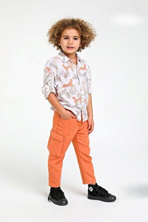Minigimin Cicileri Safari desenli erkek çocuk kol katlamalı gömlek - Oranj