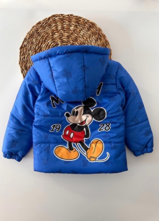 Miniğimin Cicileri Mickey Baskı Kapüşonlu Polar Astar Mont - Mavi