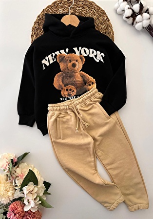 Miniğimin Cicileri New York Ayıcık Baskılı Unisex Çocuk Takım - SiyahBej