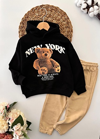 Miniğimin Cicileri New York Ayıcık Baskılı Unisex Çocuk Takım - SiyahBej