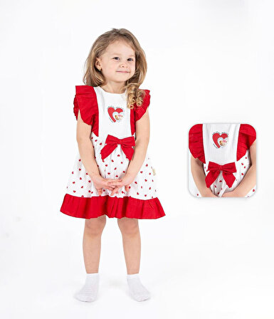 Miniğimin Cicileri Ayıcıklı Fırfırlı Kız Çocuk Elbise - Kırmızı