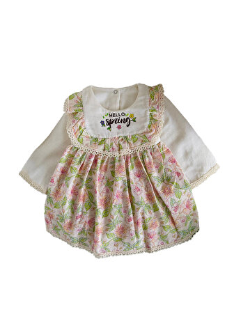 Miniğimin Cicileri Bebek Hello Spring Çiçekli Pamuk Elbise - Bej