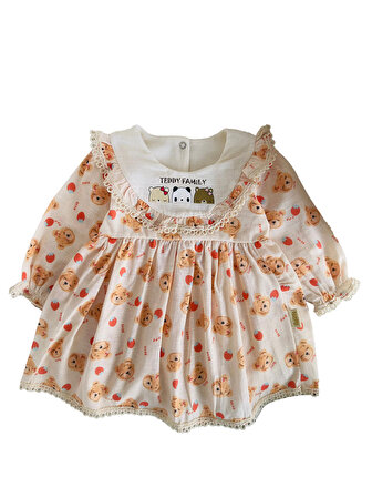 Miniğimin Cicileri Teddy Family Kız Bebek Terikoton Elbise - Oranj