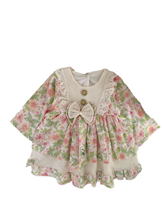 Miniğimin Cicileri Organik Pamuk File Desenli Çiçekli Kız Bebek Elbise - Bej