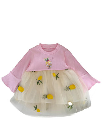 Miniğimin Cicileri Bebek Ananas İşleme Tül Elbise - Pembe