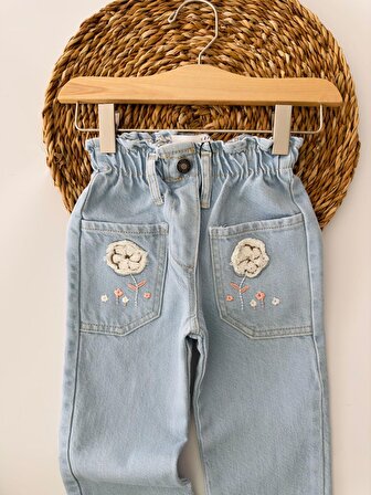Miniğimin Cicileri Örgü Çiçek Desenli Kot Pantolon - Açık Mavi
