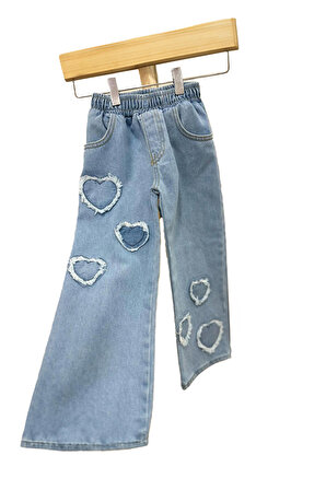 Miniğimin Cicileri Kalp Motifli Bel Lastikli Kot Pantolon - Açık Mavi