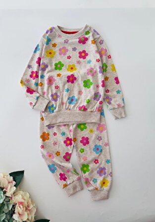 Miniğimin Cicileri Çiçek Desenli Penye Pijama Takımı - Gri