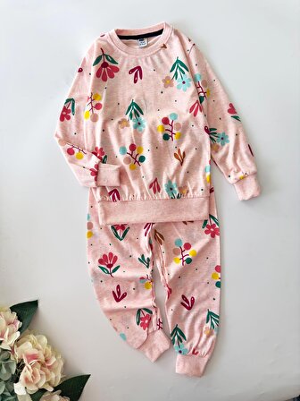 Miniğimin Cicileri Yaprak Desenli Penye Pijama Takımı - Somon