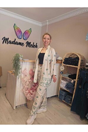 Beli Lastikli Keten Baskılı Kadın Kimono Yeşil Pantolon Takımı