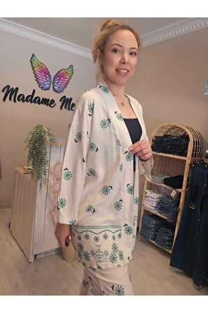 Beli Lastikli Keten Baskılı Kadın Kimono Yeşil Pantolon Takımı