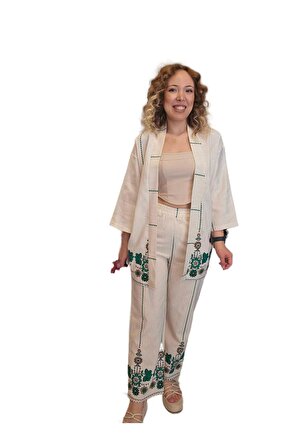 Beli Lastikli Baskılı Kadın Yeşil Keten Kimono Pantolon Takımı( Bir Beden Büyük Alınız)