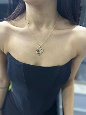 Kadın Çelik Zirkon Taşlı Gold Kaplama Melek Kanatlı Kalp Tasarım Kolye 50 cm