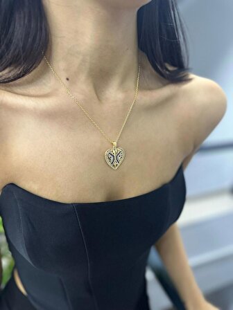 Kadın Çelik Zirkon Taşlı Gold Kaplama Melek Kanatlı Kalp Tasarım Kolye 50 cm