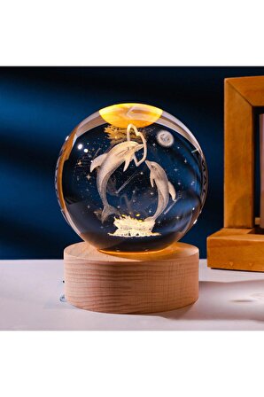 Dekoratif Işıklı Ahşap Kaideli Yunus Balıkları Tasarımlı 3d Cam Küre