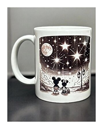 Mickey Minnie Mouse Gökyüzü Temalı Siyah Beyaz Baskılı Kupa