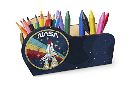 Ahşap Nasa Space Desenli Masaüstü Kalemlik Kalem Kutusu Organizer Ofis Makyaj
