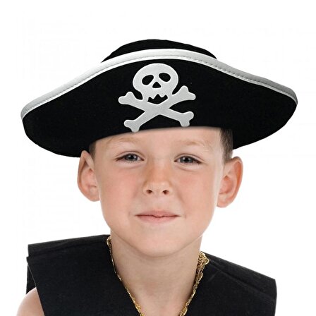 Mobgift Gümüş Şeritli Çocuk Boy Yayvan Denizci Korsan Şapkası