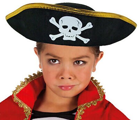 Mobgift Altın Şeritli Çocuk Boy Yayvan Denizci Korsan Şapkası