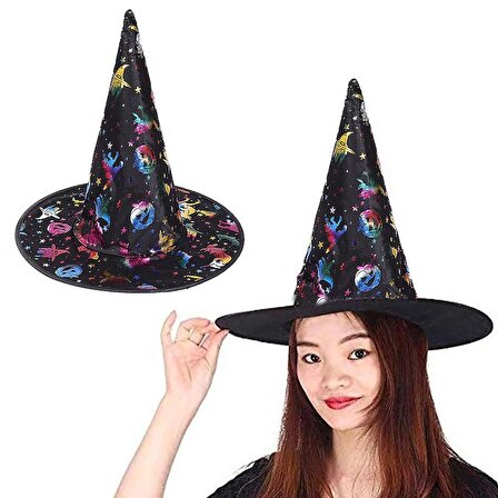 Mobgift Cadı Şapkası Siyah Üzeri Rengarenk Balkabağı Cadı Figür Baskılı 38x34 cm