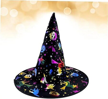 Mobgift Cadı Şapkası Siyah Üzeri Rengarenk Balkabağı Cadı Figür Baskılı 38x34 cm