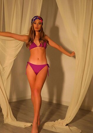 Kadın Yeni Sezon Mor Renk İp Bağlama Detaylı Bikini Takımı Seti