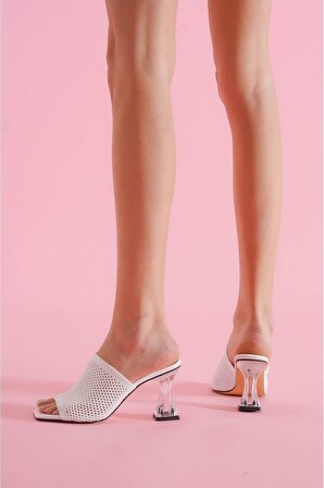 Merve BAŞ  Kadın Beyaz Triko Şeffaf Topuklu Günlük Kullanım Ayakkabı
