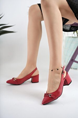Merve BAŞ Kadın Kırmızı Tokalı Arkası Açık Klasik Topuklu Ayakkabı