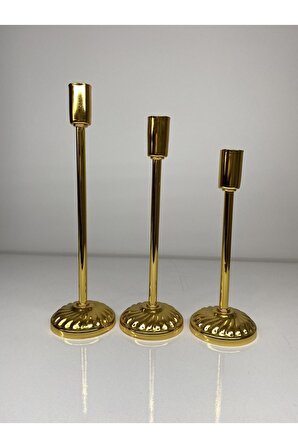 3'lü Gold Konik Şamdan Mumluk - Nişan Mumluk - Ev Dekorasyonu Ve Düğün Dekorasyonu Dekoratif Mumluk