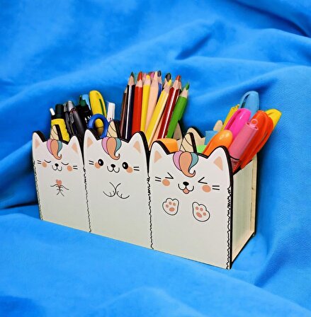 Mevaks Ahşap 3'lü Unicorn Çocuklar Için Masaüstü Kalemlik Kalem Kutusu Makyaj Organizer