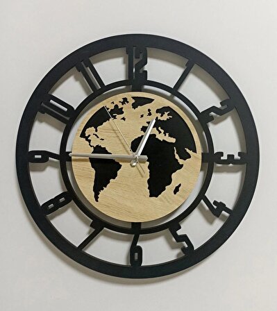 Ahşap Dekoratif Dünya Haritası Duvar Saati 40cm Hediyelik Duvar Saati
