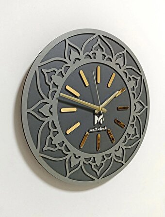Dekoratif Ahşap Desenli Duvar Saati Antrasit & Altın Sessiz Mekanizma 37x37 cm ST-005