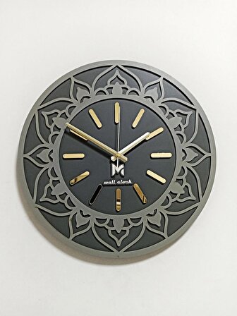 Dekoratif Ahşap Desenli Duvar Saati Antrasit & Altın Sessiz Mekanizma 37x37 cm ST-005